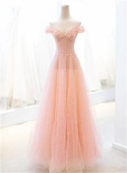 Picture of Pink Tulle A-line Long Prom Dresses with Sequins, Off Shoulder Evening Dress
